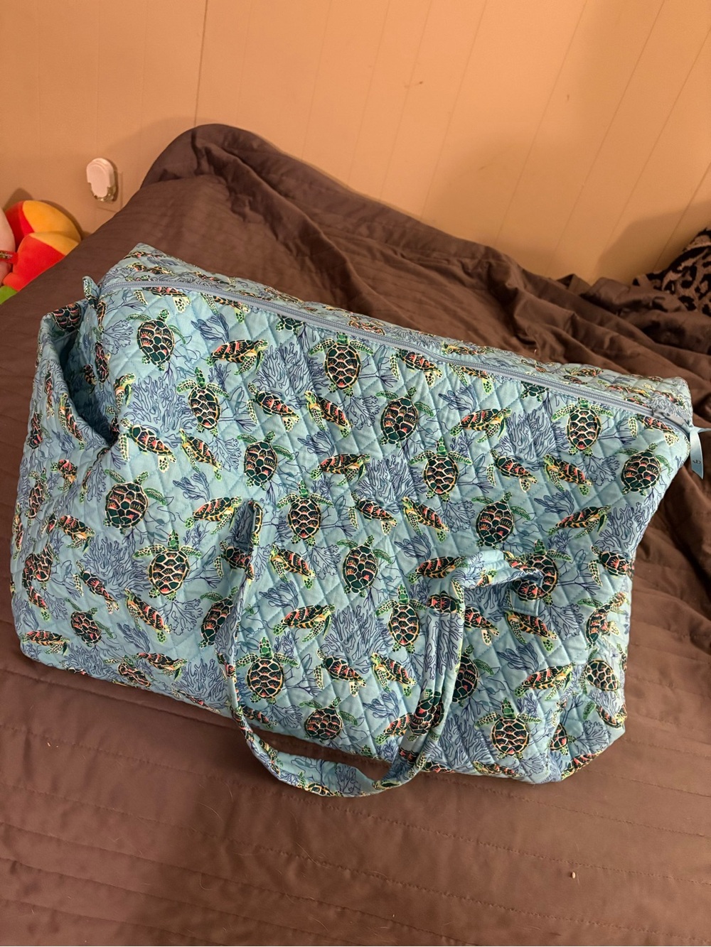 Vera Bradley Light Blue XL Quilted Travel Tote Bag with Turtle Print